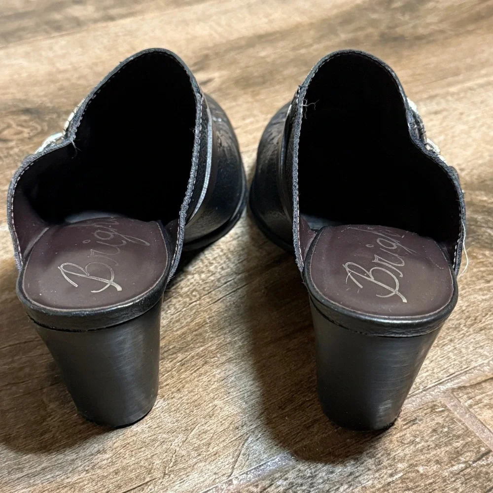 Brighton Vintage Gemini Pebbled Leather Horsebit Block Heel Mules, Black Brown,8 - Picture 7 of 10
